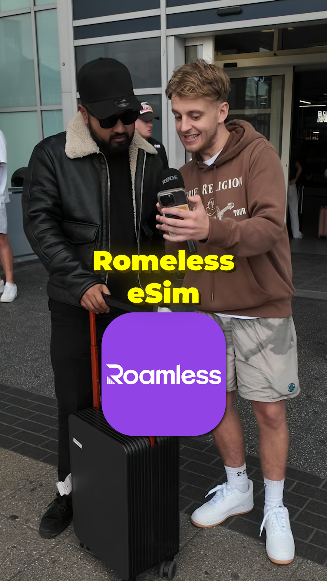 Roamless eSIM brand graphic shown during an airport street interview